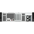 The rear view of a white and black enterprise server chassis, showing ventilation grilles, power supplies, and front panel connectors on a solid white background.