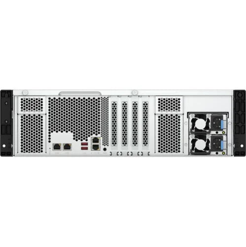 The rear view of a white and black enterprise server chassis, showing ventilation grilles, power supplies, and front panel connectors on a solid white background.