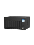 A blackQNAP All-in-One NAS system with eight bays, shown from a three-quarter angle on a plain white background.
