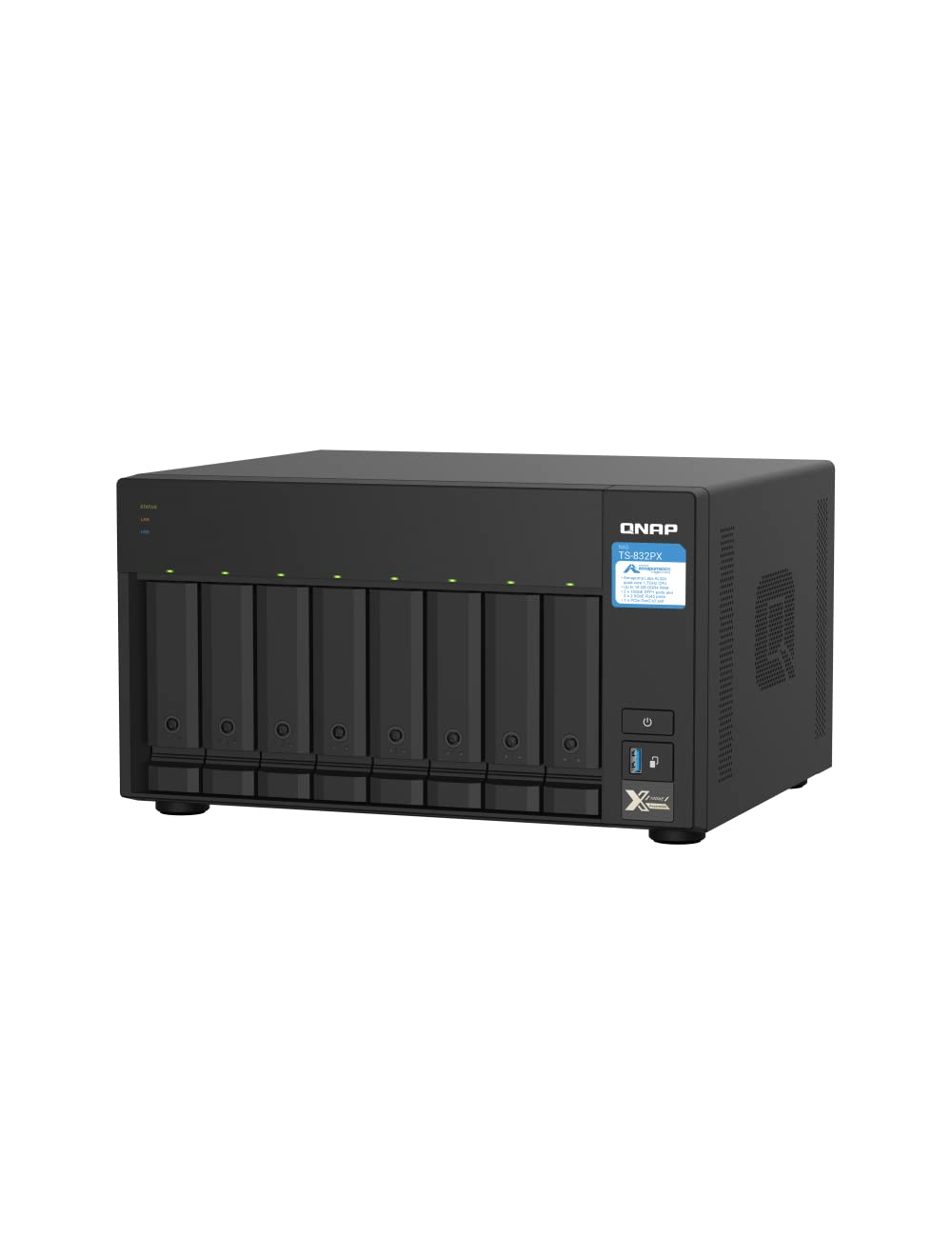 A blackQNAP All-in-One NAS system with eight bays, shown from a three-quarter angle on a plain white background.