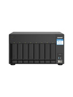 A black ONAP 8-bay network storage server with front-facing bays, indicator lights, and a blue and white sticker on the upper right, shown against a plain white background.