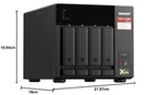 Black QNAP TS x7FR 4-bay NAS enclosure with dimension labels showing 19.94cm height, 18cm width, and 27.