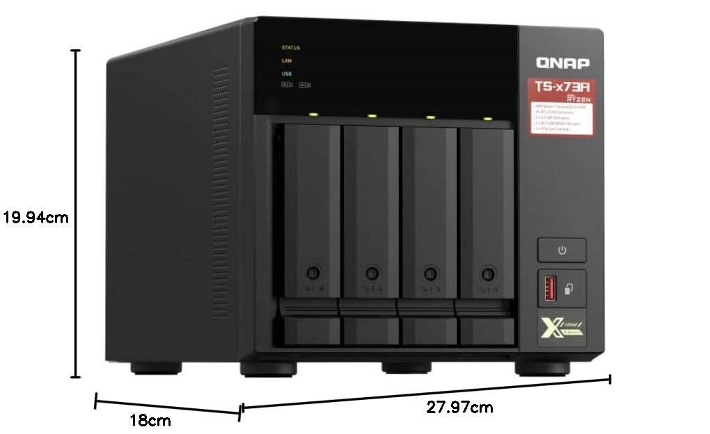 Black QNAP TS x7FR 4-bay NAS enclosure with dimension labels showing 19.94cm height, 18cm width, and 27.