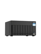 Black network-attached storage device with multiple drive bays on a white background