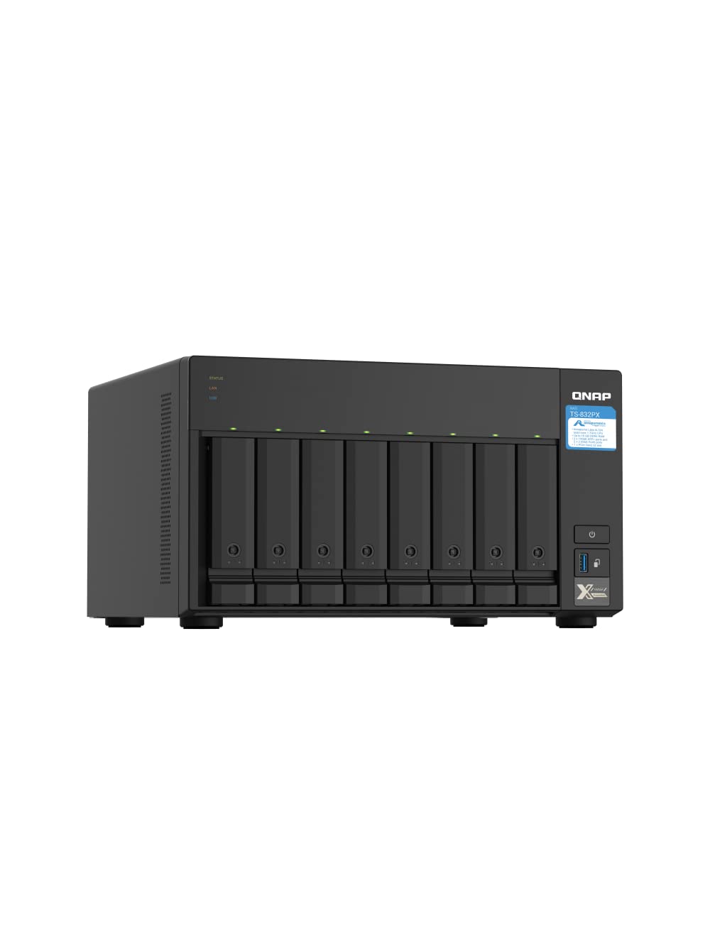 Black network-attached storage device with multiple drive bays on a white background