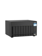 A blackQNAP All-in-One NAS device with eight bays, shown from a three-quarter angle on a plain white background.