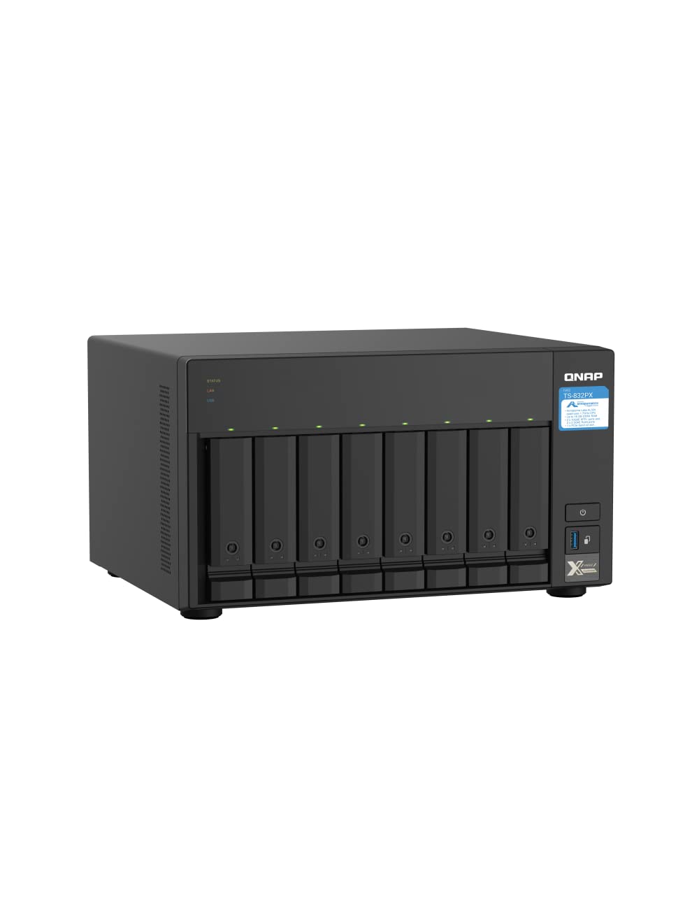 A blackQNAP All-in-One NAS device with eight bays, shown from a three-quarter angle on a plain white background.