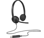 Black USB headset with a cable on a white background