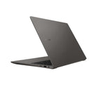 A dark gray Samsung laptop shown open at an angle against a plain white background.