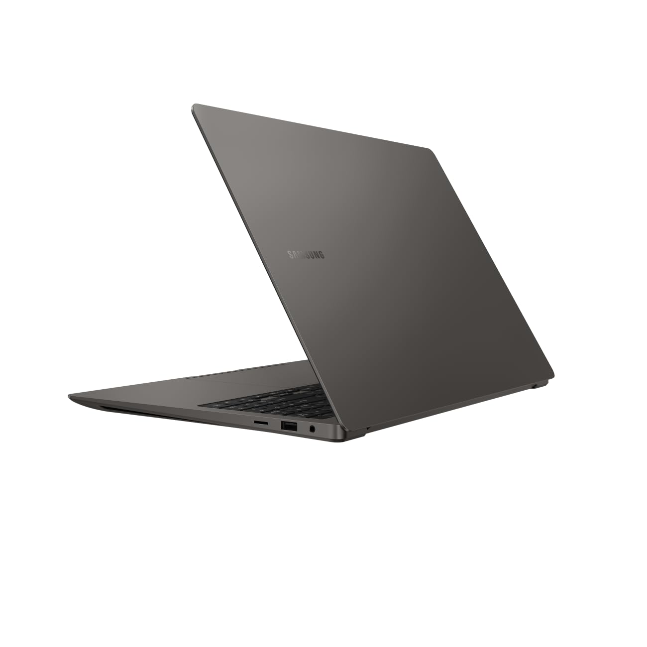 A dark gray Samsung laptop shown open at an angle against a plain white background.
