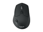 Black Logitech mouse on a white background