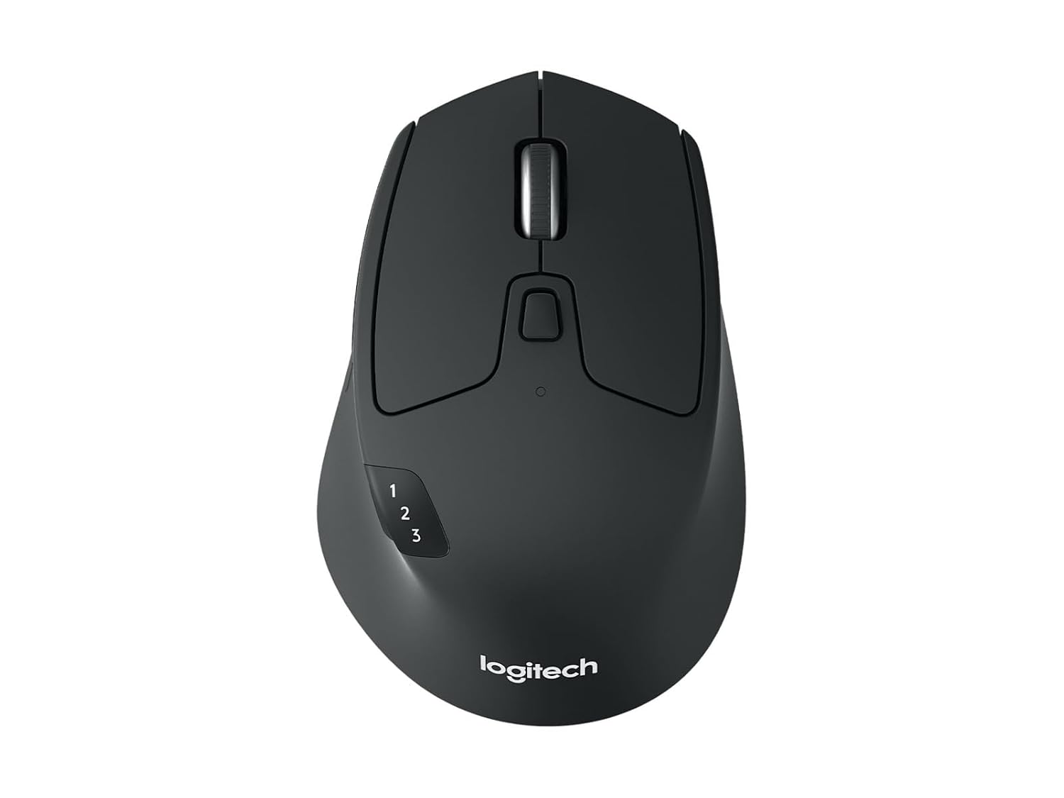 Black Logitech mouse on a white background