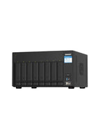 Black network-attached storage device with QNAP logo on a white background