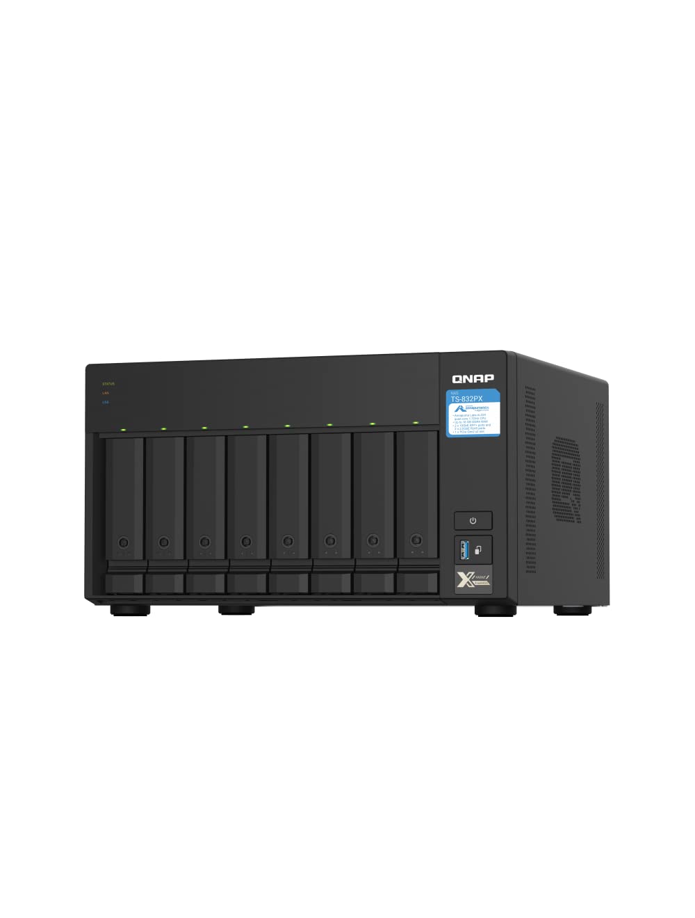 Black network-attached storage device with QNAP logo on a white background