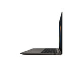 A dark gray laptop shown from the side profile with the screen open, set against a plain white background.