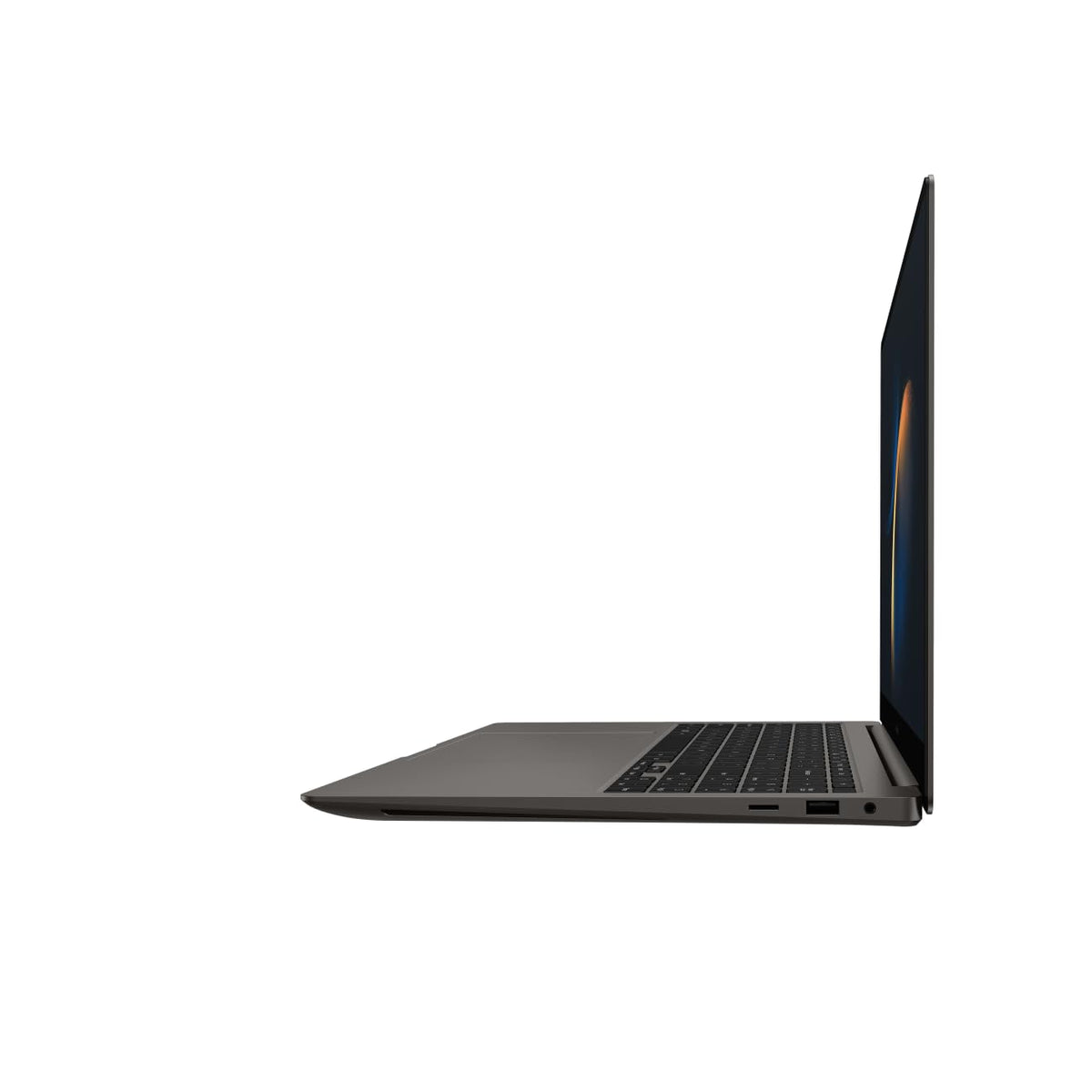 A dark gray laptop shown from the side profile with the screen open, set against a plain white background.
