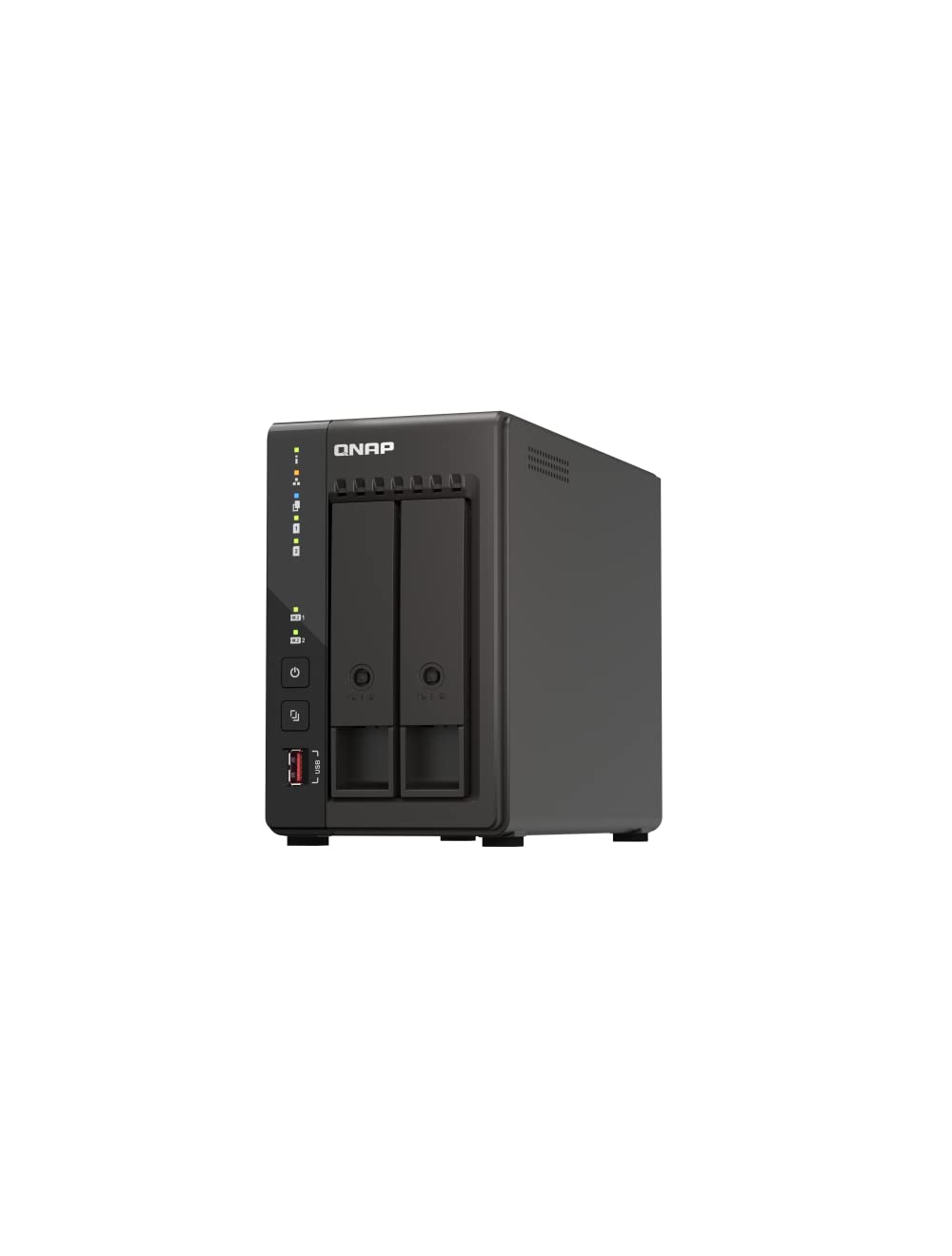 Black QNAP NAS device on a white background