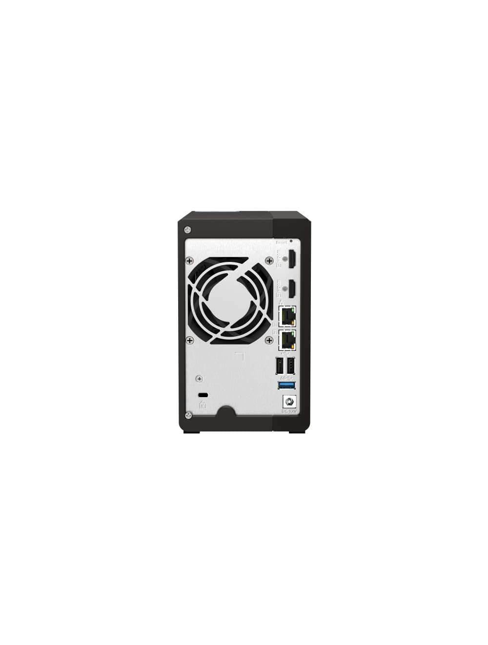 The rear view of a compact black and silver desktop mini PC or server, showing a cooling fan, ports, and screws on a plain white background.