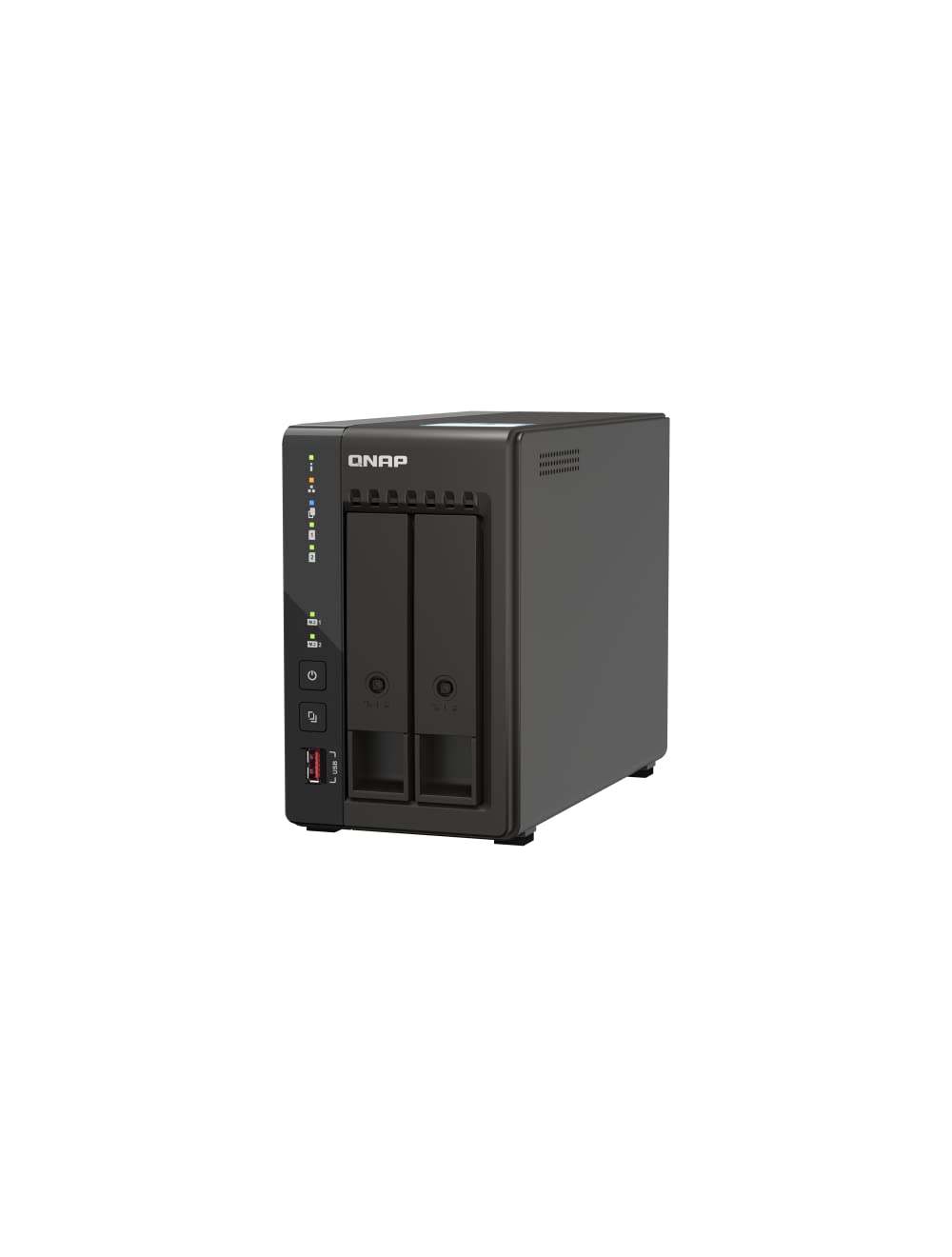 A black CNRP dual-bay desktop network storage device, shown from a three-quarter angle on a solid white background.