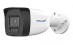 A PRAMA brand bullet security camera with a white body, black front lens housing, and a white mounting bracket, shown against a plain white background.