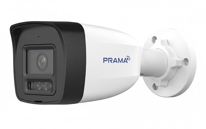 A PRAMA brand bullet security camera with a white body, black front lens housing, and a white mounting bracket, shown against a plain white background.