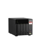 QNRP TS+7.381 all-in-one network storage device in black, featuring four front bays for drives, a front I/O panel with status LEDs, and a power button, shown on a plain white background.