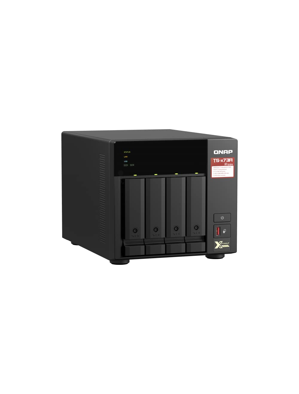 QNRP TS+7.381 all-in-one network storage device in black, featuring four front bays for drives, a front I/O panel with status LEDs, and a power button, shown on a plain white background.