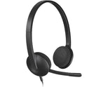 Black headset with microphone on a white background