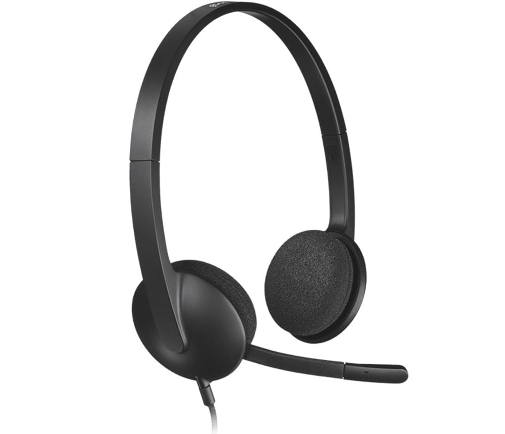 Black headset with microphone on a white background