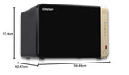 Black ONAP desktop NAS unit with dimension markings showing 57.4 cm height, 59.
