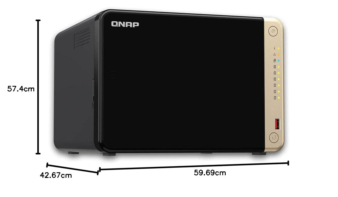 Black ONAP desktop NAS unit with dimension markings showing 57.4 cm height, 59.