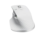 A white Logitech wireless mouse with a sculpted ergonomic design, featuring textured grip lines and a silver scroll wheel, shown on a solid white background.