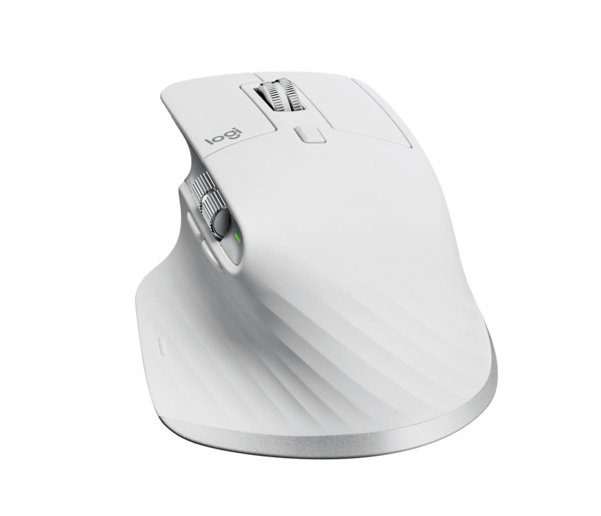 A white Logitech wireless mouse with a sculpted ergonomic design, featuring textured grip lines and a silver scroll wheel, shown on a solid white background.