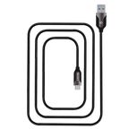 A black braided USB 3.0 to USB-C cable coiled in a square shape on a plain white background, with the USB-C connector showing a blue USB 3.