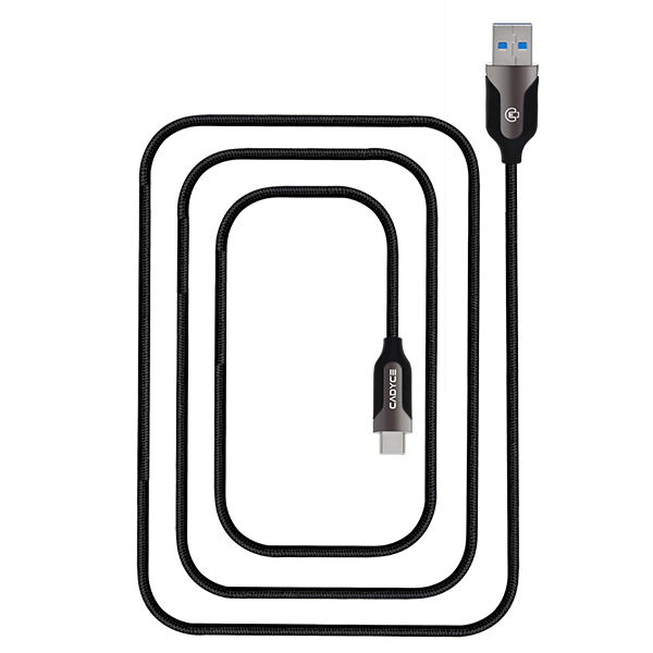 A black braided USB 3.0 to USB-C cable coiled in a square shape on a plain white background, with the USB-C connector showing a blue USB 3.