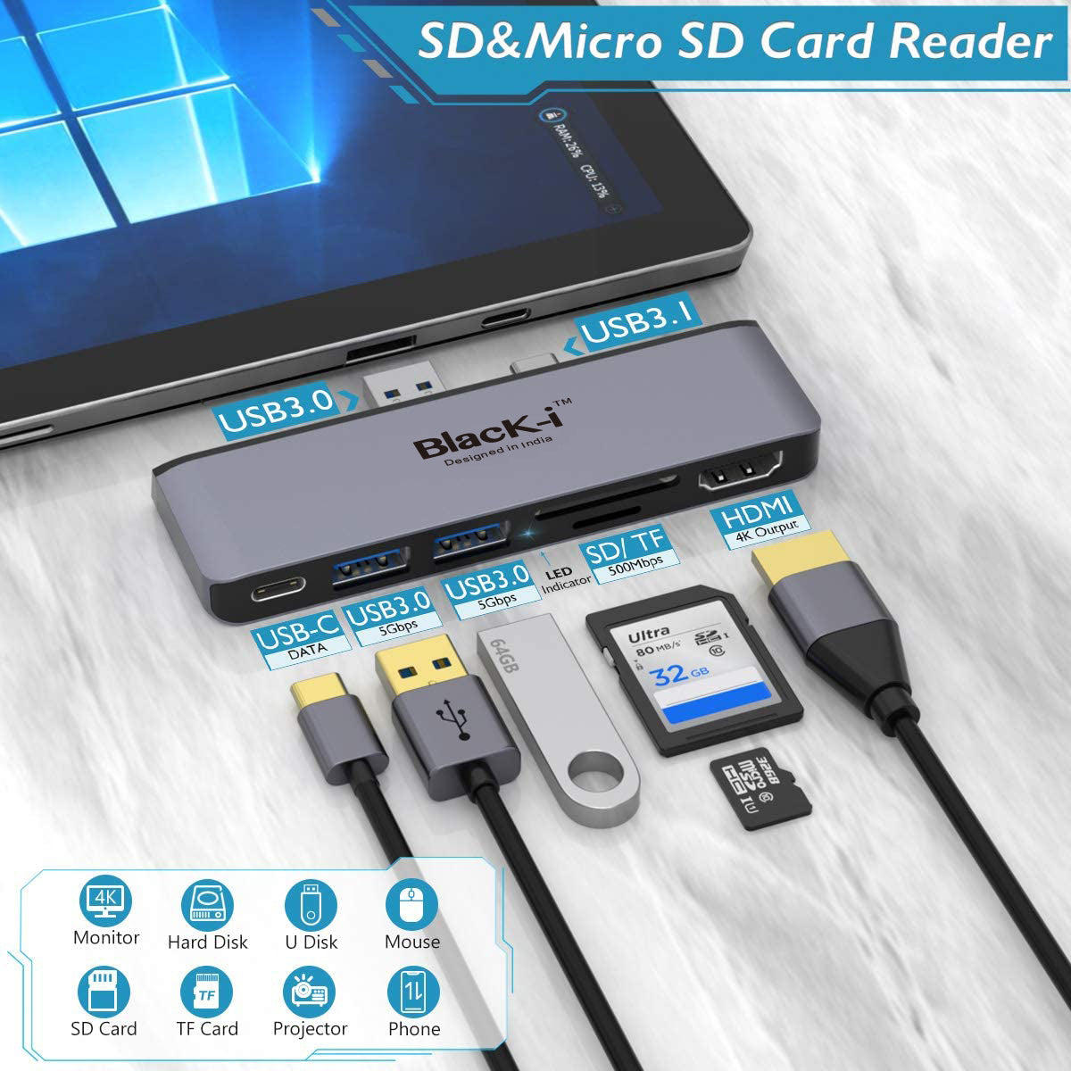 Black-i USB-C 7 in 1 Docking Station for Microsoft Pro