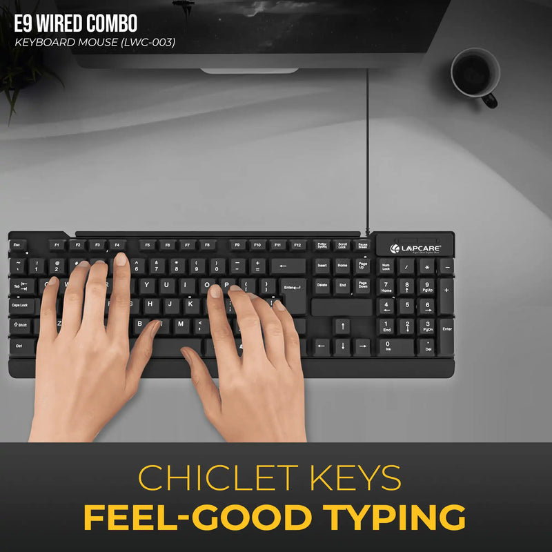 Lapcare E9 USB Wired USB 2.0 Keyboard and 1000DPI Optical Mouse Combo - Black