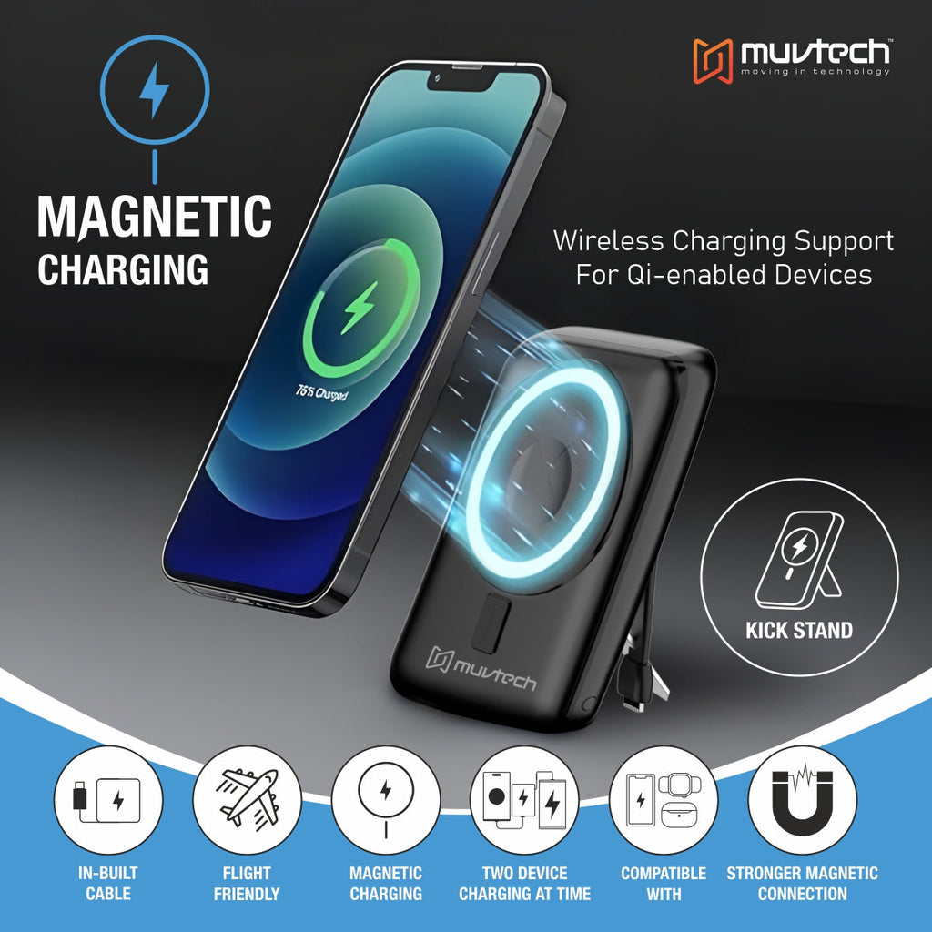 Pocket Link 10000mAh Power Bank with 15W Wireless Charging, Built-in Type-C & Lightning Cable, PD20W Fast Charging, Compact Pocket-Size Portable Charger - Black