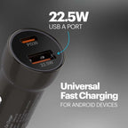 Car charger with USB port and text indicating 22.5W power output for Android devices.
