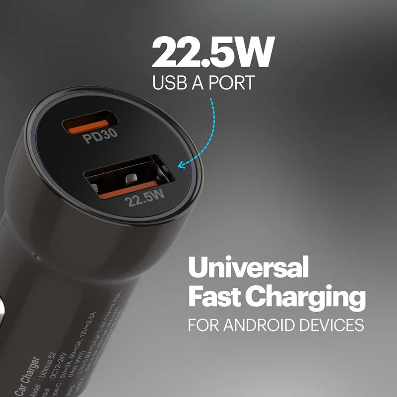 Car charger with USB port and text indicating 22.5W power output for Android devices.