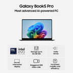 Promotional graphic for the Galaxy Book5 Pro, showing a silver laptop with a colorful display in the center and feature callouts below including Intel Core Ultra, 512 GB SSD storage, Dolby Atmos, interactive display, staggered HDR video calls, and increased mobility and efficiency.