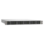 A horizontal rack-mount server chassis with multiple black drive bays and small green LED indicators, photographed on a plain white background.