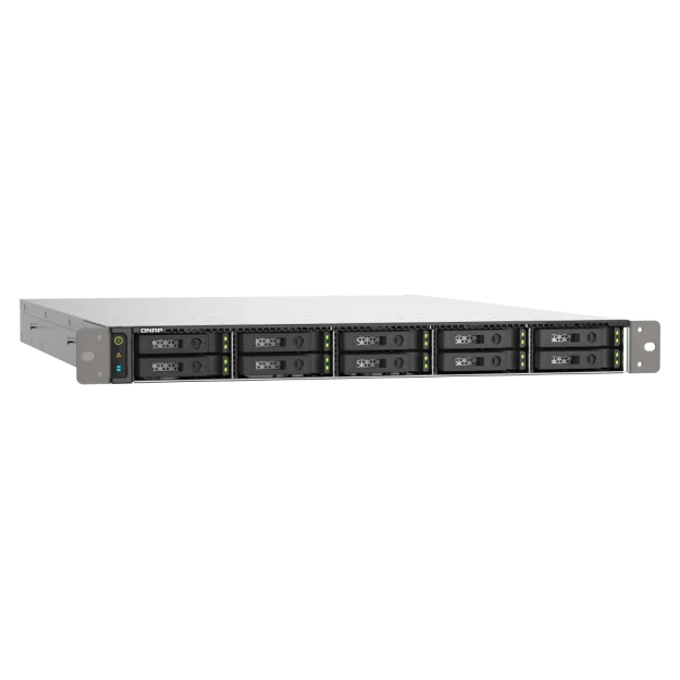 A horizontal rack-mount server chassis with multiple black drive bays and small green LED indicators, photographed on a plain white background.
