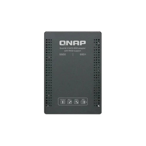 A QNAP dual M.2 SATA SSD adapter with RAID support, shown from the front on a plain white background.