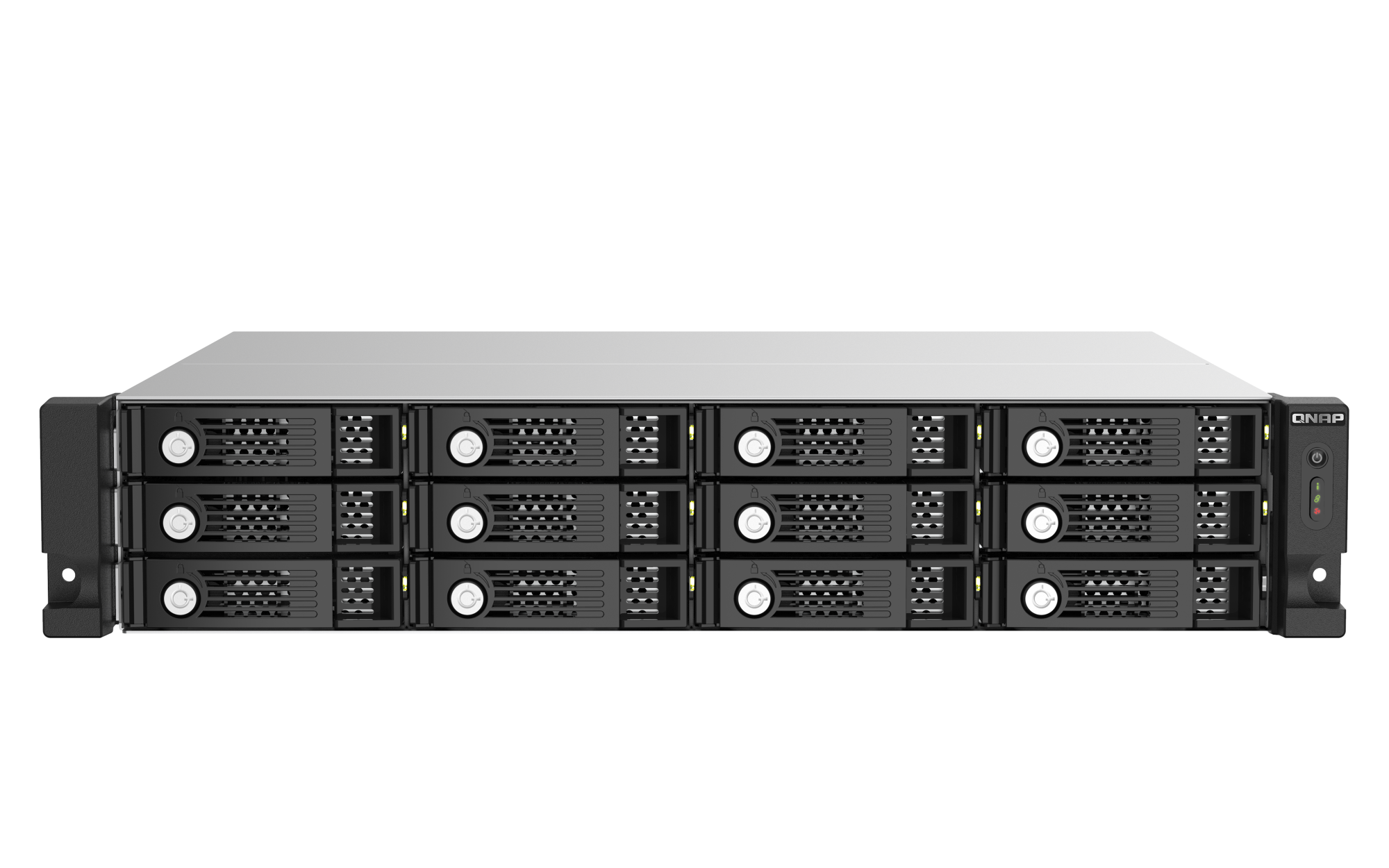 Server rack with multiple hard drive bays on a white background