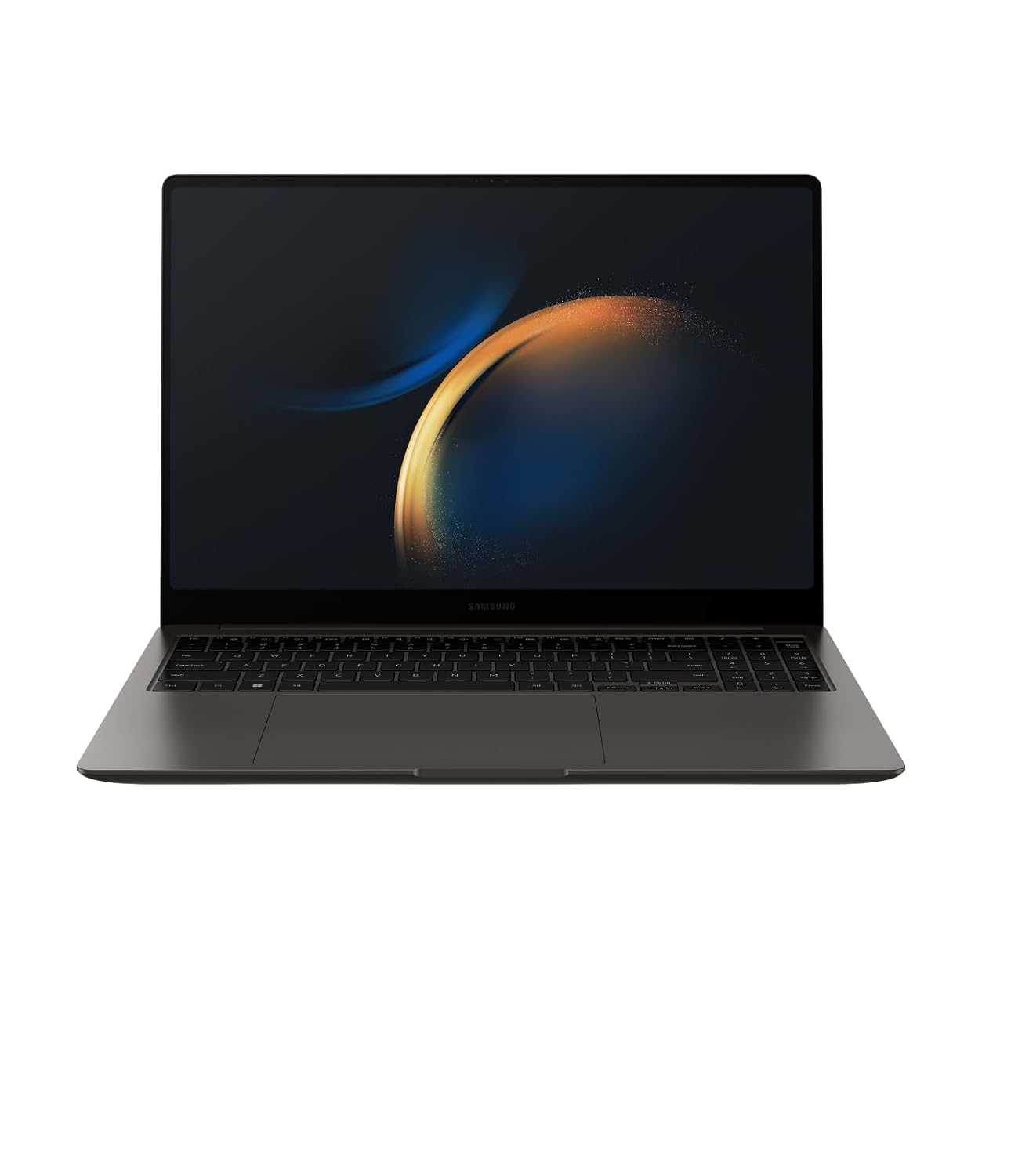 A dark gray Samsung laptop shown open and centered on a plain white background, with the screen on displaying a blue and gold abstract wallpaper.