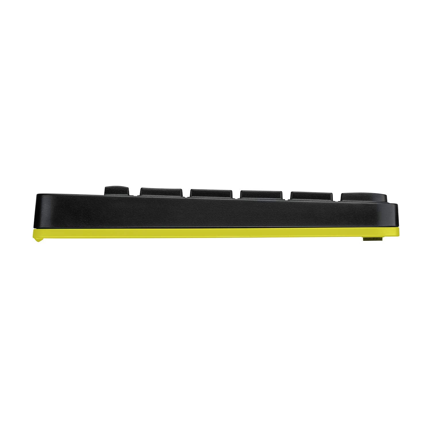 Black and yellow electronic keyboard controller on a white background