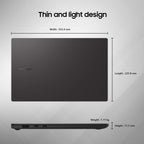Samsung laptop with dimensions and weight displayed on a gray background