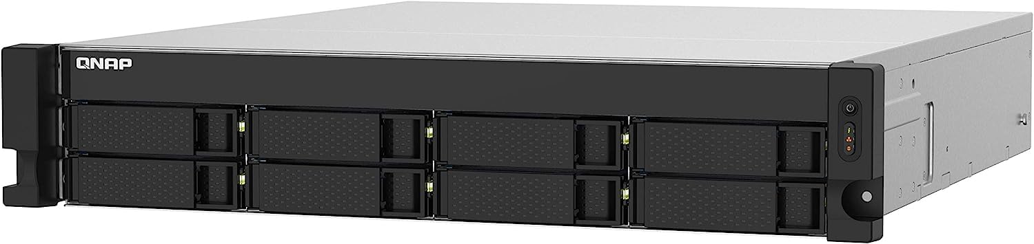 QNAP NAS device with multiple drive bays on a white background