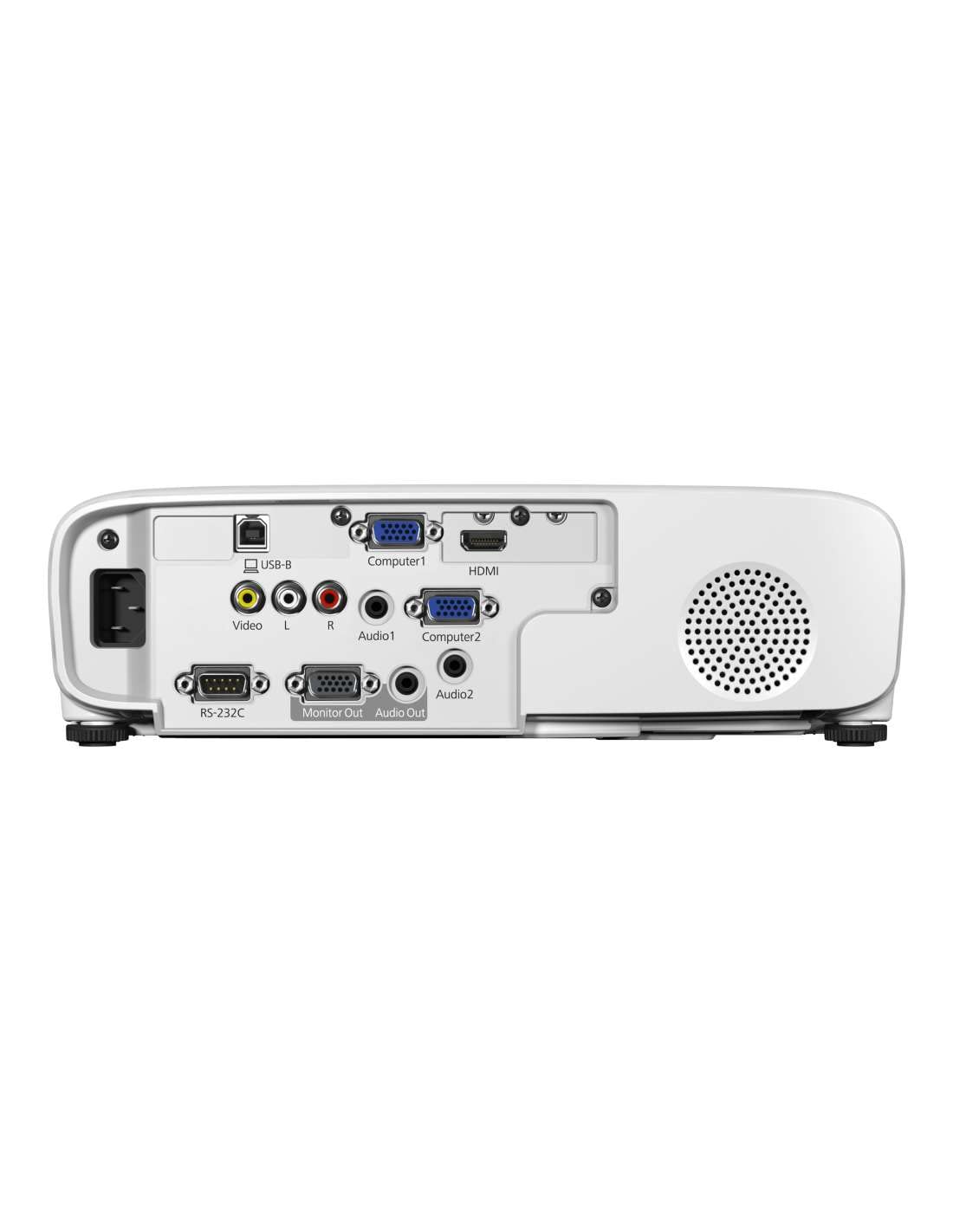 Back view of a white projector on a white background